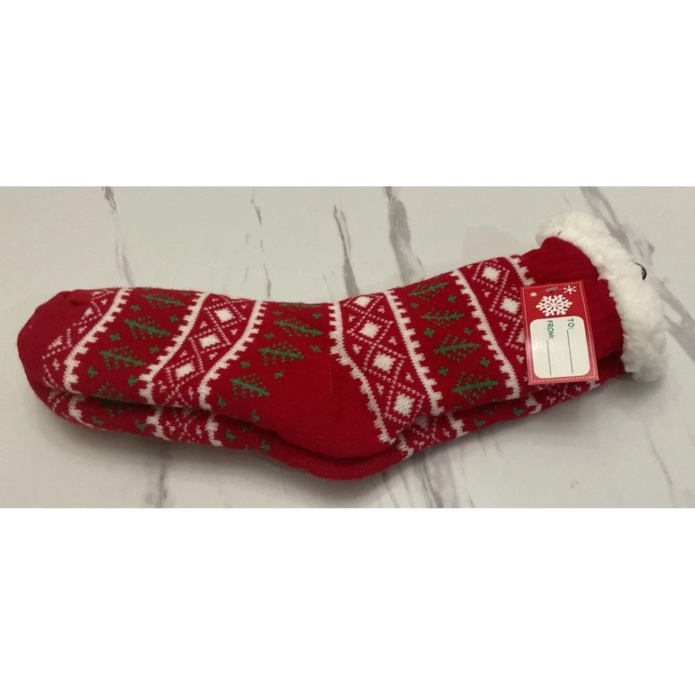 Red Fair Isle Christmas Tree Slipper Socks Fleece Lined Holiday Gift NWT